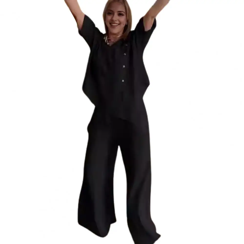 Solid Color Two-piece Set Stylish Women's V Neck Top Wide Leg Trousers Set with Adjustable Waist Casual Blouse for Fashionable