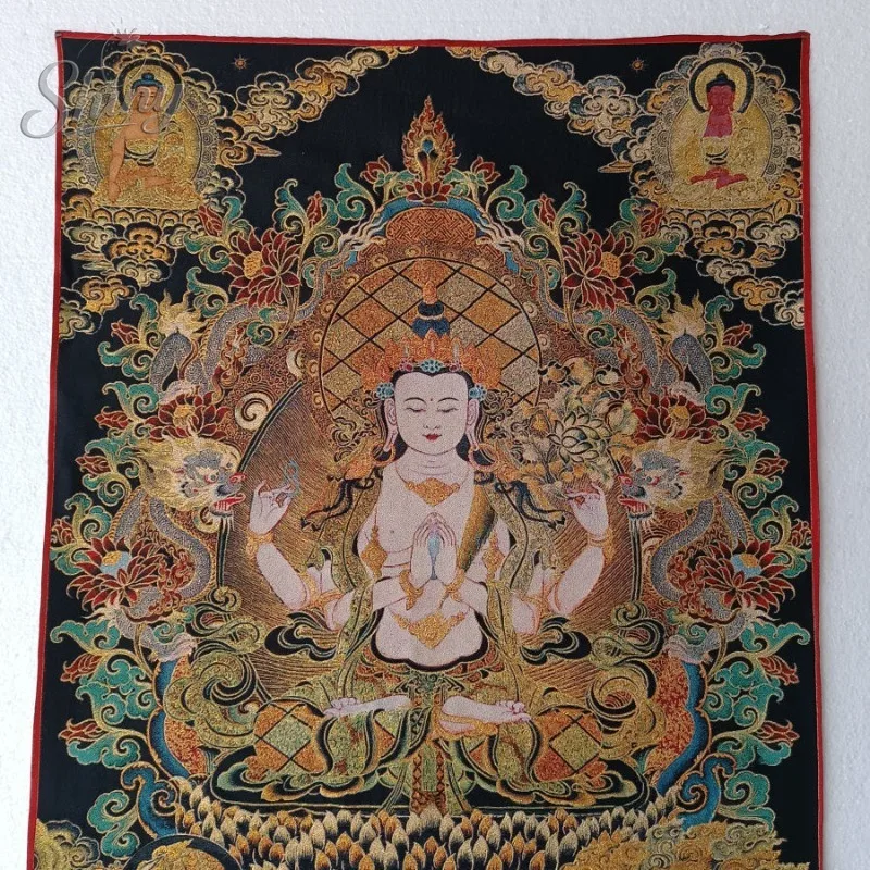 35.4″ Four-Armed Avalokiteshvara Brocade Tibetan Tangka Embroidery Painting Gold Thread Embroidery Decorative Hanging Art