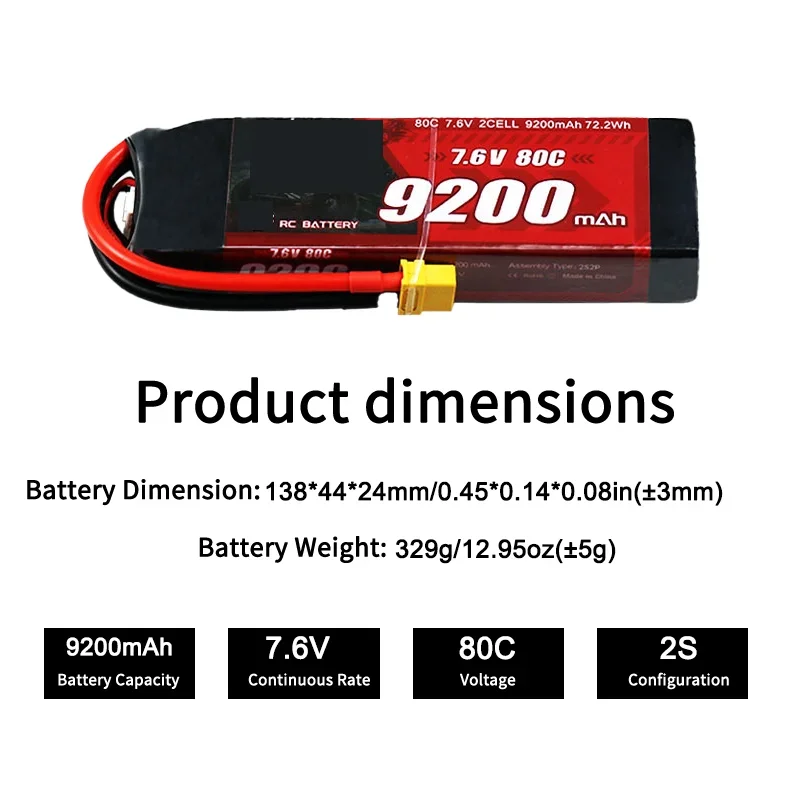 7.6V 2S 9200mAh 80C Medium Rate Lipo Battery Rechargeable XT60 T Plug Special For RC Model Car Racing Truck Vehicle