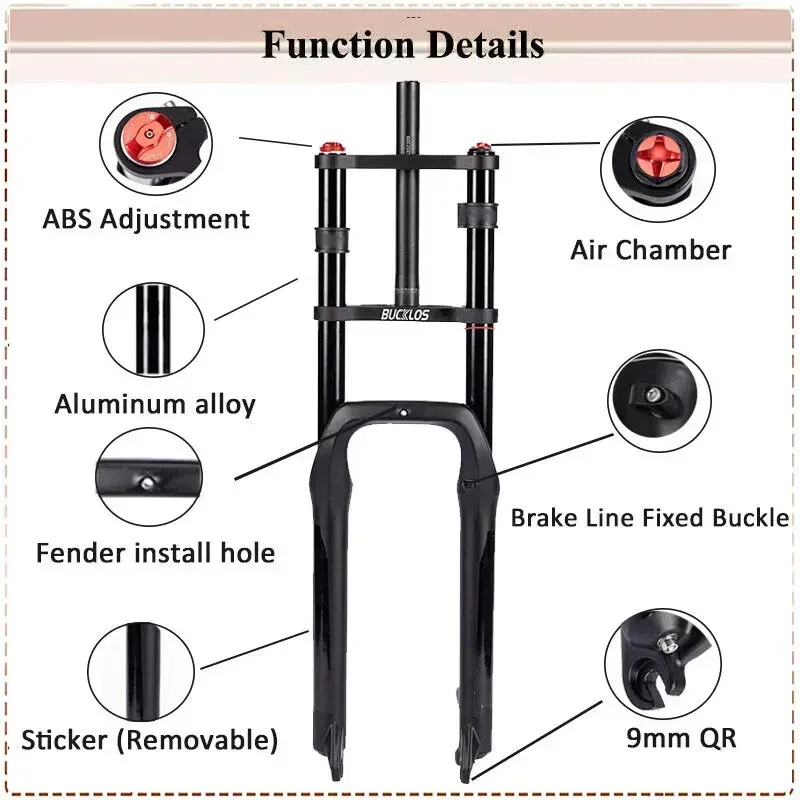 BUCKLOS 26*4.0 Bike Fork Air Suspension Bicycle Fat Fork Aluminum Alloy Snow Beach MTB Bicycle Fork for 4.0 Bike Tire Bike Part