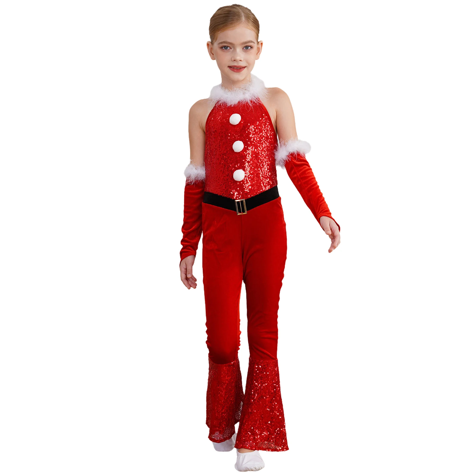 Kids Girls Christmas Santa Elf Costume Sleeveless Flared Bell-bottom Jumpsuit Xmas Dance Leotard with Arm Sleeve Clothes Set