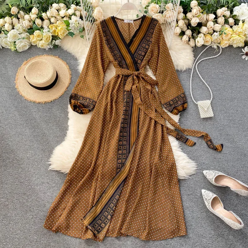 New Fashion Women Chiffon Dress Ladies Printed Lace-up Waist maniche lunghe telai vita Slim Style Swing Long a-line Dress