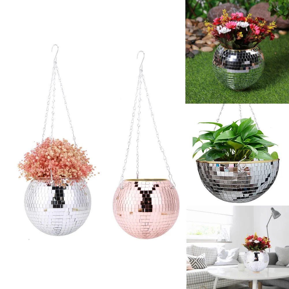 Disco Ball Plant Hanger Mirror Hemisphere Flowerpot Hanging Basket Garden Balcony Hanging Pot Ball Planter Office Ornament