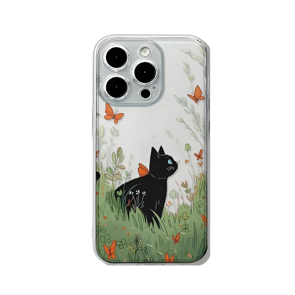 Cat and Butterfly in Flowers Clear Case for iPhone 16 12 13 mini 11 14 15 Pro Max Xs XR 8 Plus Ultra Thin Silicone Floral Cover