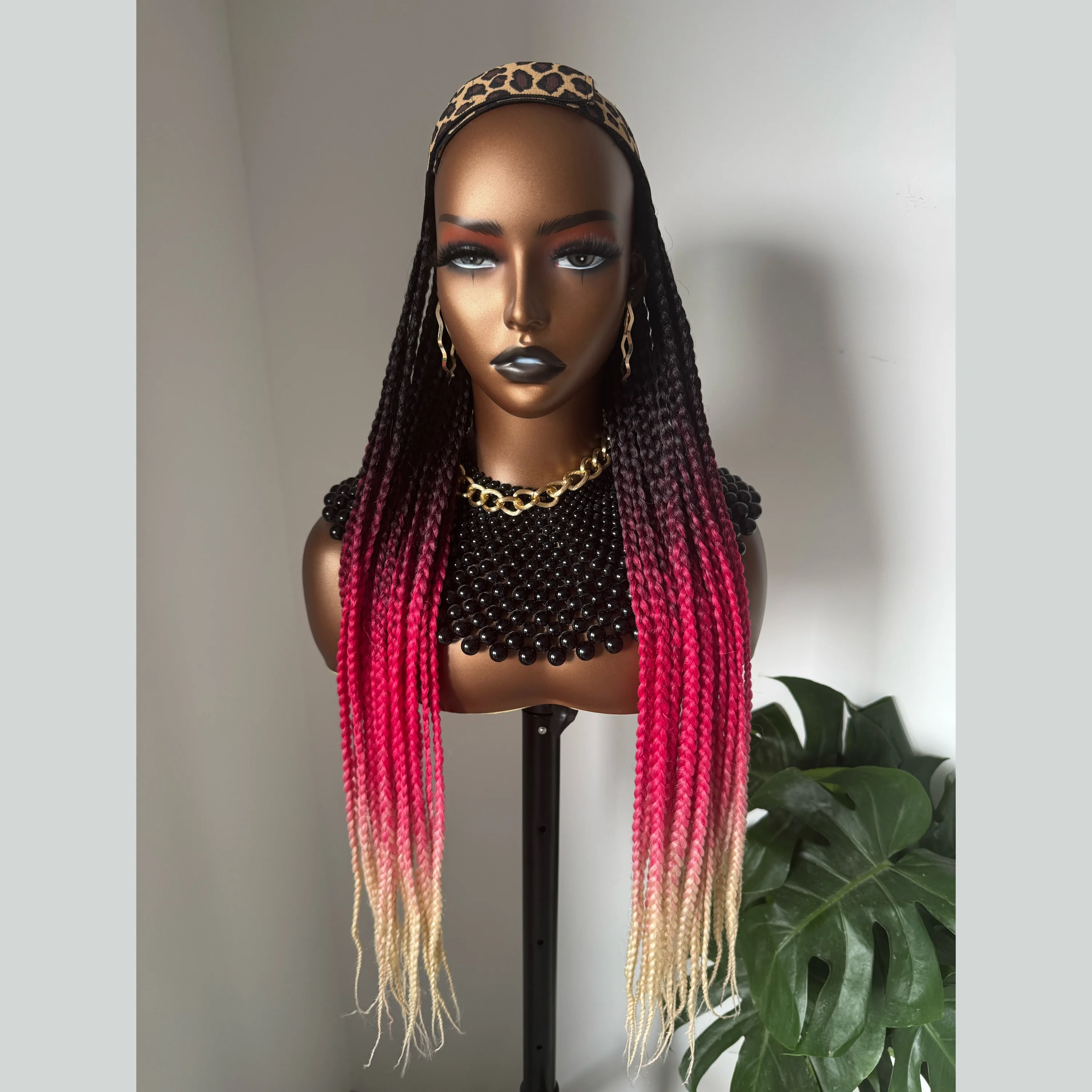 Peruca sintética trançada longa com headband, ombre, preto, rosa, vermelho, bege, loiro mel, trançando, extensões de cabelo para mulheres, 24"