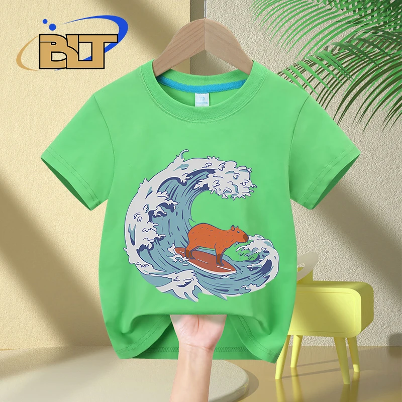 Funny Cute Giant Capybara Japanese Wave cartoon print kids T-shirt summer children's cotton short-sleeved casual tops