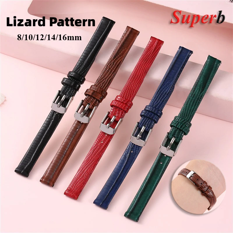 Slim Leather Watch Strap 8mm 10mm 12mm 14mm Lizard Pattern Leather Wristbelt Waterproof Wrist Band Men Women Universal Bracelets