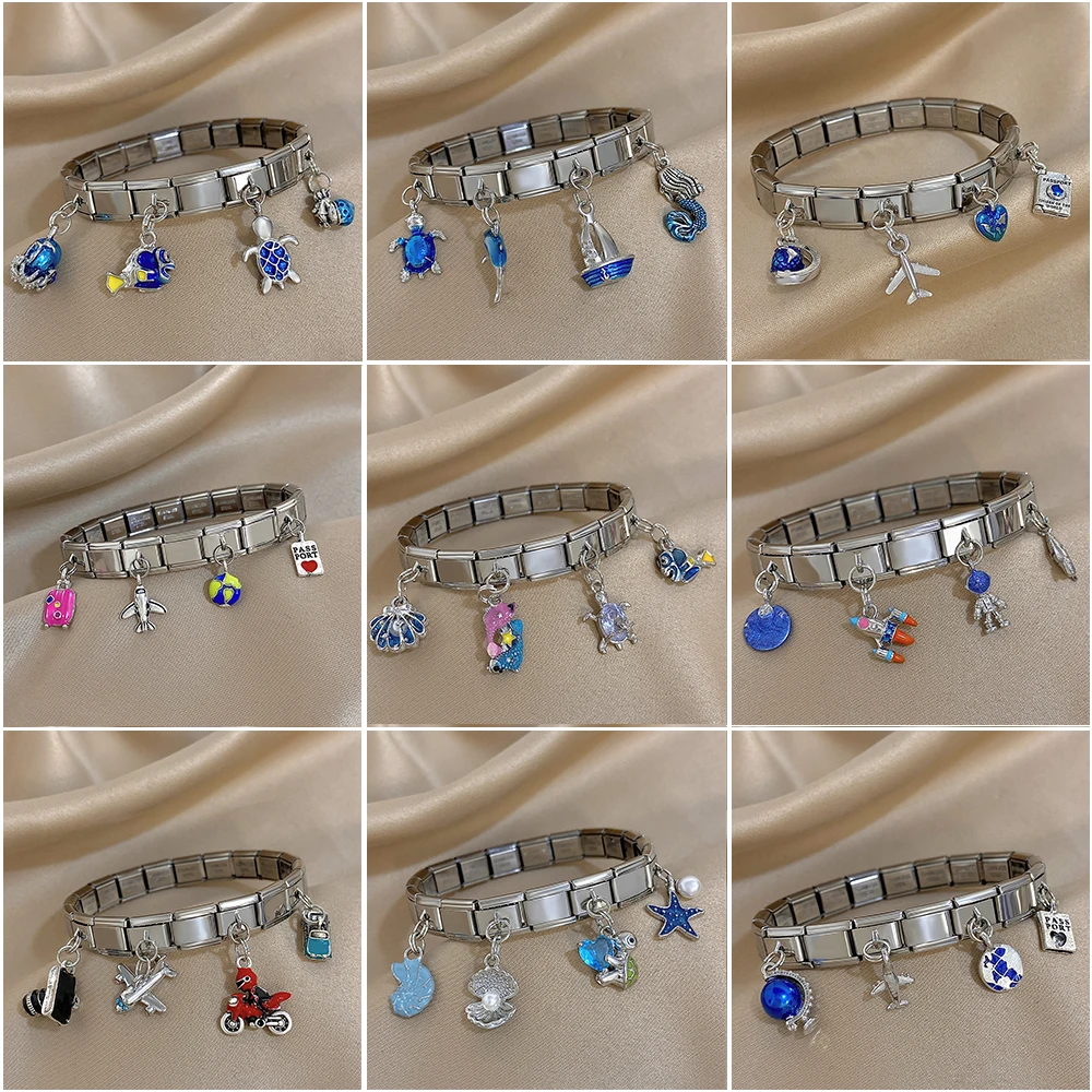 Trendy Stainless Steel Italian Charm Links Bracelet Ocean Fish Starfish Airplane Ball Elastic Watch Strap Bangles Jewelry Gifts