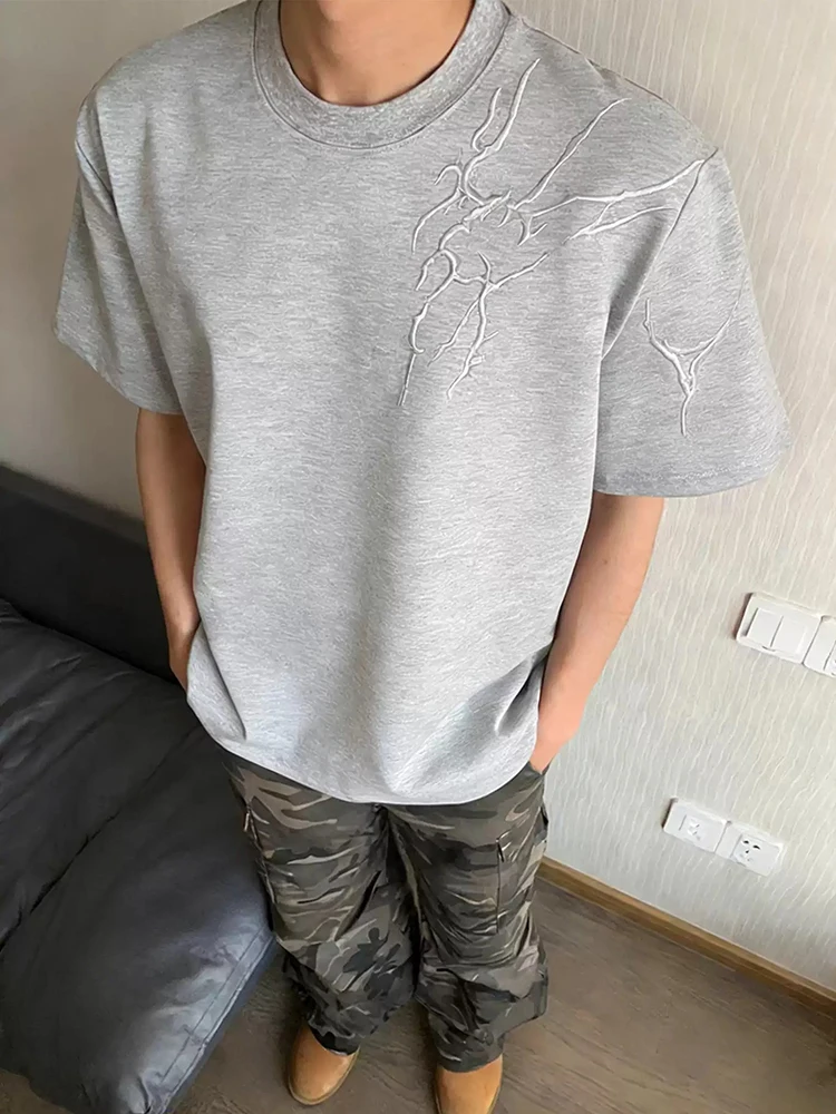 Light Grey Thunder Pattern Embroidery Short Sleeve American Style T-Shirt Heavy Shoulder Half Sleeve Design Summer Fashion