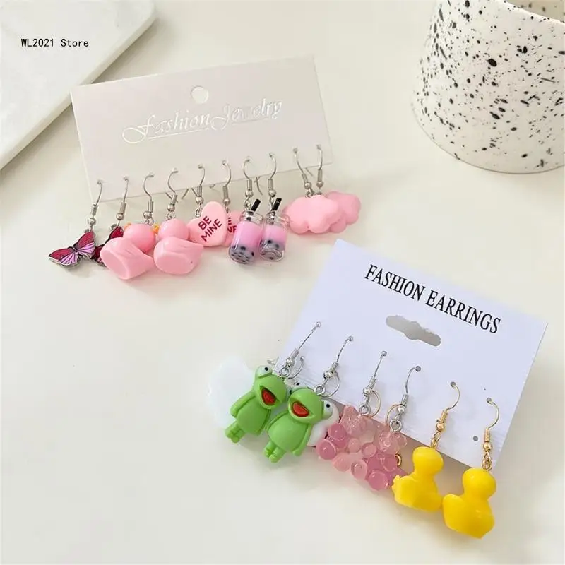 3Pair Sweet Colorful Dangle Earrings Fashion Cartoon Acrylic Earrings Simple Long Drop Earrings Jewelry Accessories