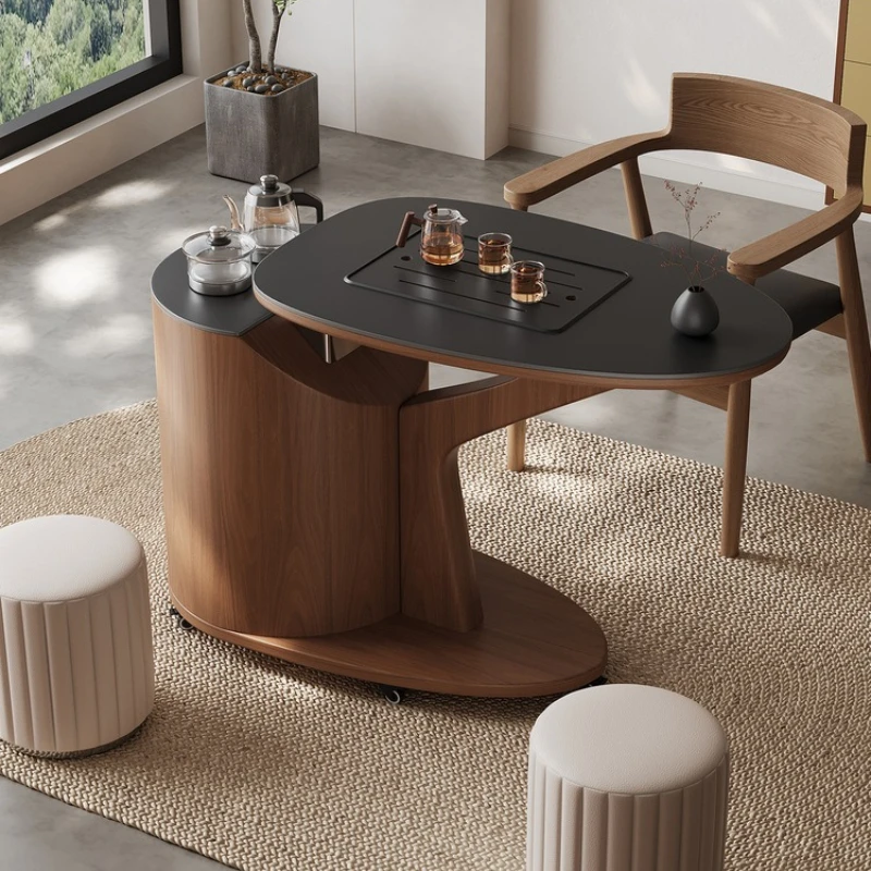 

Medieval style pure black slate tea cart side table tea integration multi-functional household mobile modern tea meal