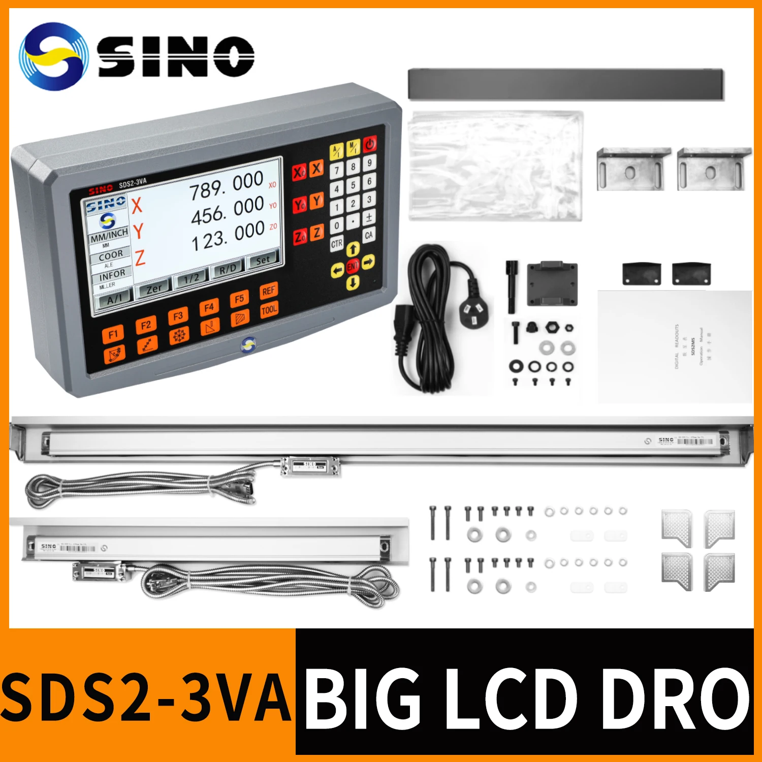 SINO SDS2-3VA Digital Readout Kit 3-Axis & 2-Axis LCD DRO With KA35 Glass Linear Scale Encoders Lathe Grinder Milling Machine