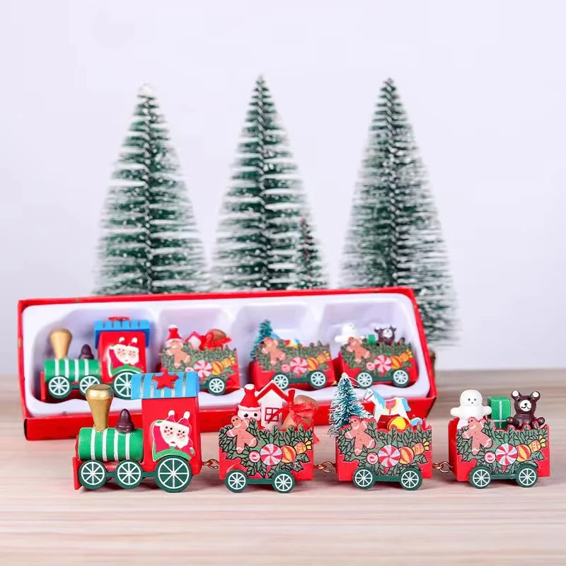 Wooden Train Kids Gifts Toys Christmas Ornaments Window Display Santa Cake Decoration Merry New Year Party Table Decoration