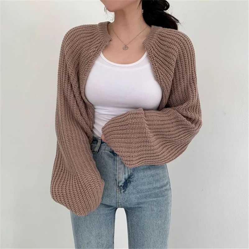 MEXZT Korean Fashion Women Loose Short Knitted Cardigan Sweater Fall Harajuku Lantern Sleeve Y2k Clothes Female Vintage Crop Top