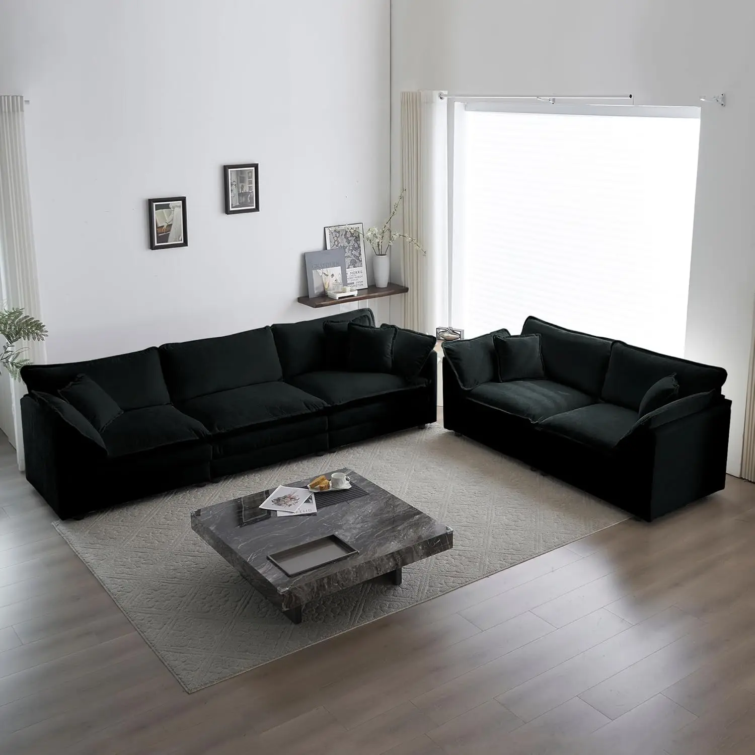 2-teiliges Sofa-Set mit Chenille-Wolken, modernem Sofa und 3-Sitzer-Sofa-Set, Wohnzimmermöbel-Set für Apartment, Büro, Schwarz