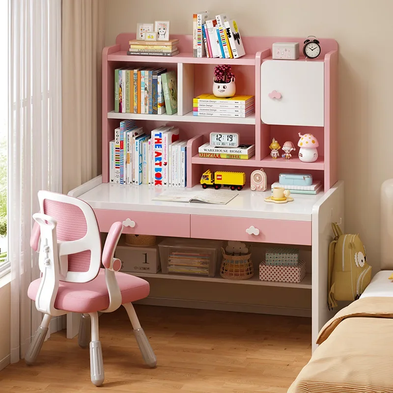 

Kids Computer Desk Solid Wood Bookshelf Adjustable Height Lift Table Students Study Table Bedroom Writing Table and Chair Set