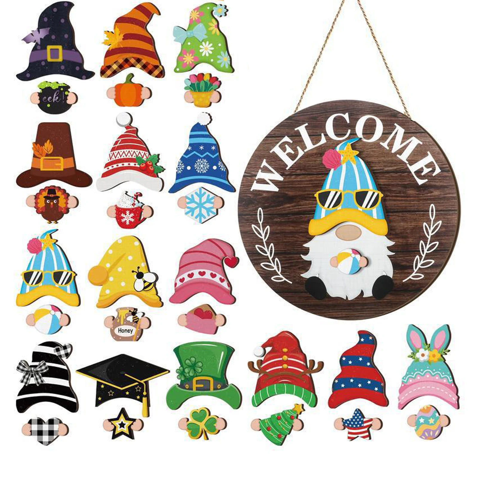Wood Front Door Gnome Decor Interchangeable Winter Gnome Welcome Sign With 30 Logos 30 Replacement Logos