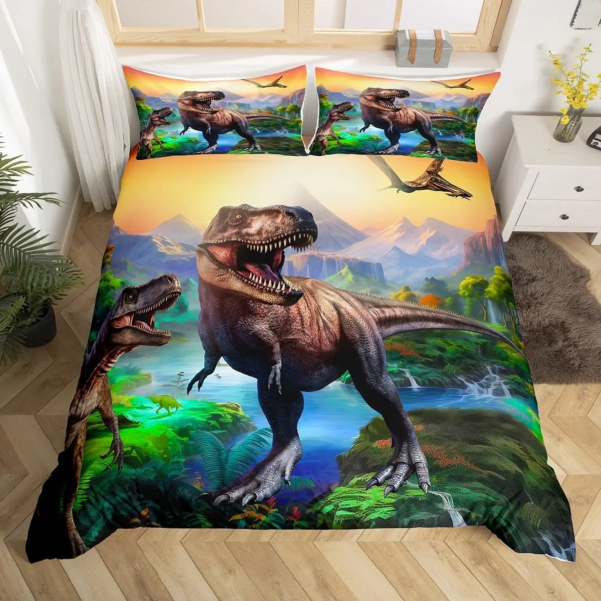 Kids Dinosaur Double Duvet Cover Set Cartoon Jungle Dino Bedding With 2 Pillowcases 3D Ancient Animals Quilt Cover