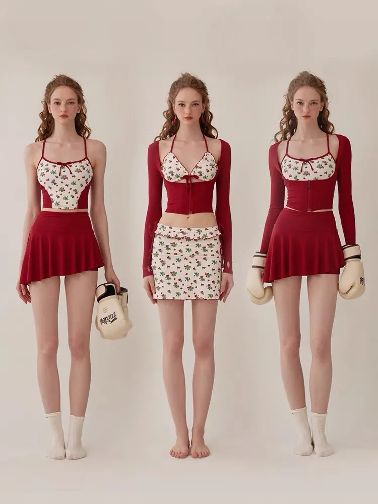 

Sexy Stberry Print One-Piece Bikini Beach Vaion Set Women's Swimwear V-Ne Long Sve Fixed Chest Pad Qui Dry