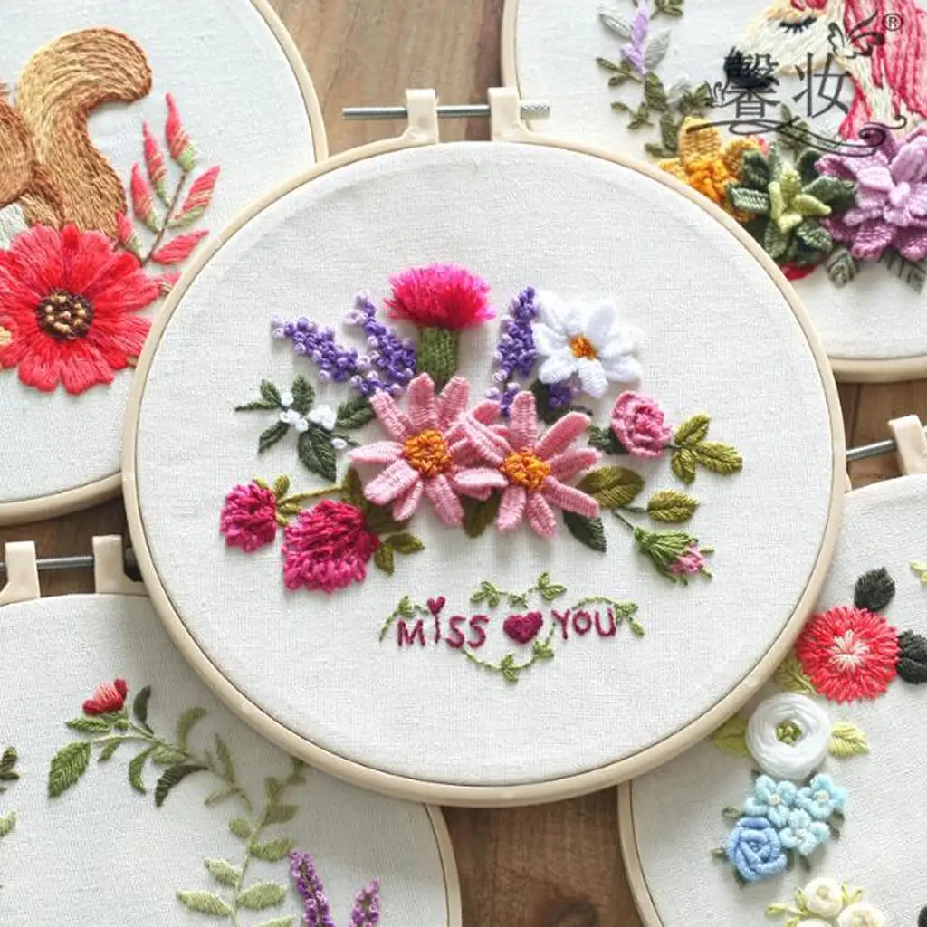 Flower Embroidery Starter Kit Stamped Full Set of Stitch Pattern Kits Hoop