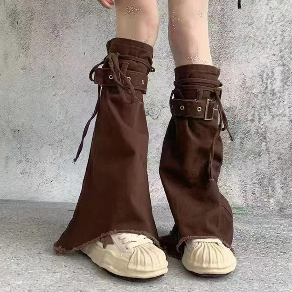 Punk Washed Denim Denim Leg Warmers Frayed Strap Closure Boot Cuffs Adjustable Buckle Boot Covers Streetwear Style