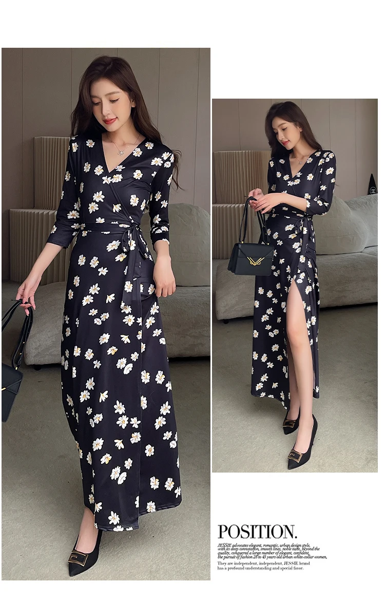 FANIECES One-piece Side Split Black Wrap Long Dresses French Robe Retro Elegant Ladies Bandage Maxi Dress Party vestidos largos