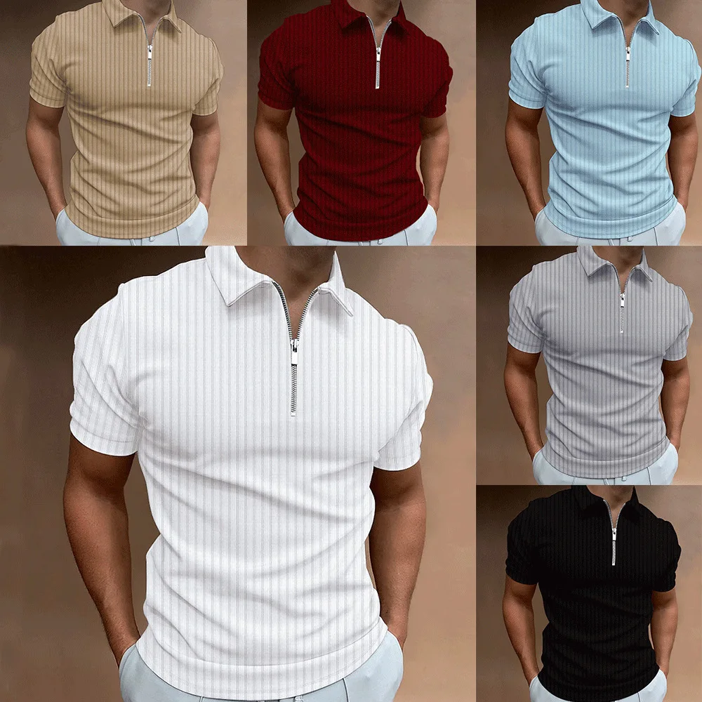 

Men's Summer Shirt Short Sleeve Zipper Stripe Design Sporty Thin Polyester Top Comfortable Fit Chinese Brand Clothing