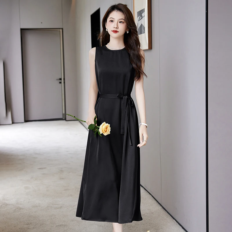 

2026 New Satin Sleeveless Dresses Women's Summer Maxi Dresses Elegant French Loose Sashes Accept-waist A-line Dresses Streetwear