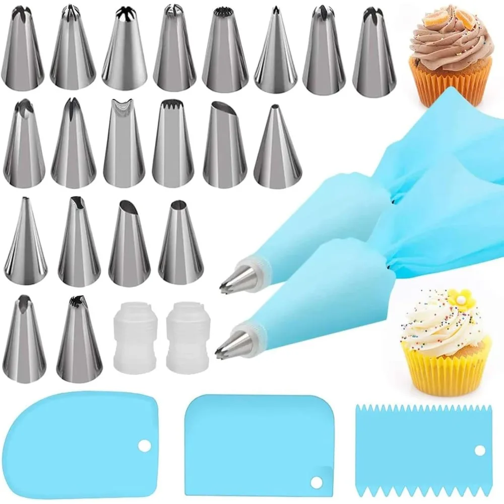 

Silicone Icing Piping Bag,Reusable Cream Pastry Bag and 20× Stainless Steel Nozzle Set DIY Cake Decorating Tool(20×Nozzle, 2×Ici