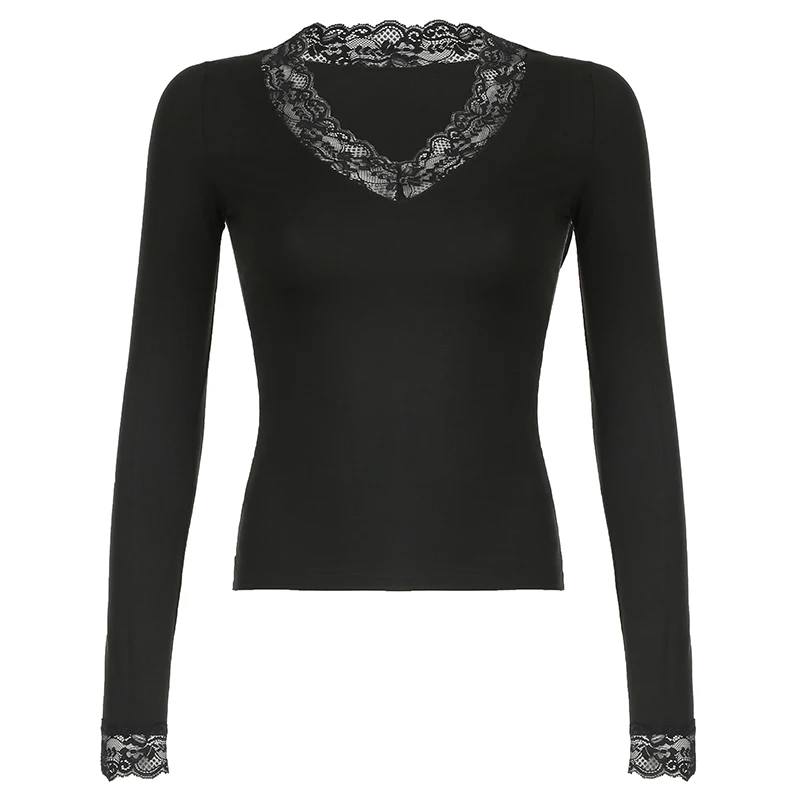 SUCHCUTE Spitzen-Patchwork Schwarzes Figurbetontes Elegantes T-Shirt Langarm V-Ausschnitt Damen-Oberteil Y2K Pullover Modische Kleidung Frühling – Detail 4