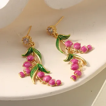 Vintage Enamel Pink Lotus Blossom Drop Earrings