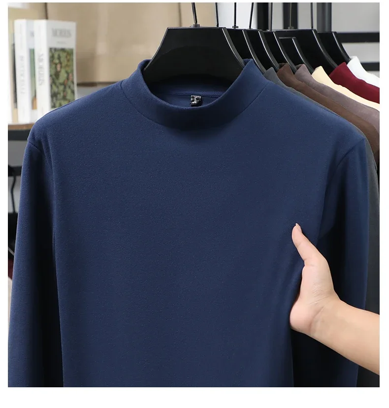 2026 New Men's Casual Solid Color High Collar Velvet Long Sleeve T-shirt Spring and Autumn Versatile Comfortable Top