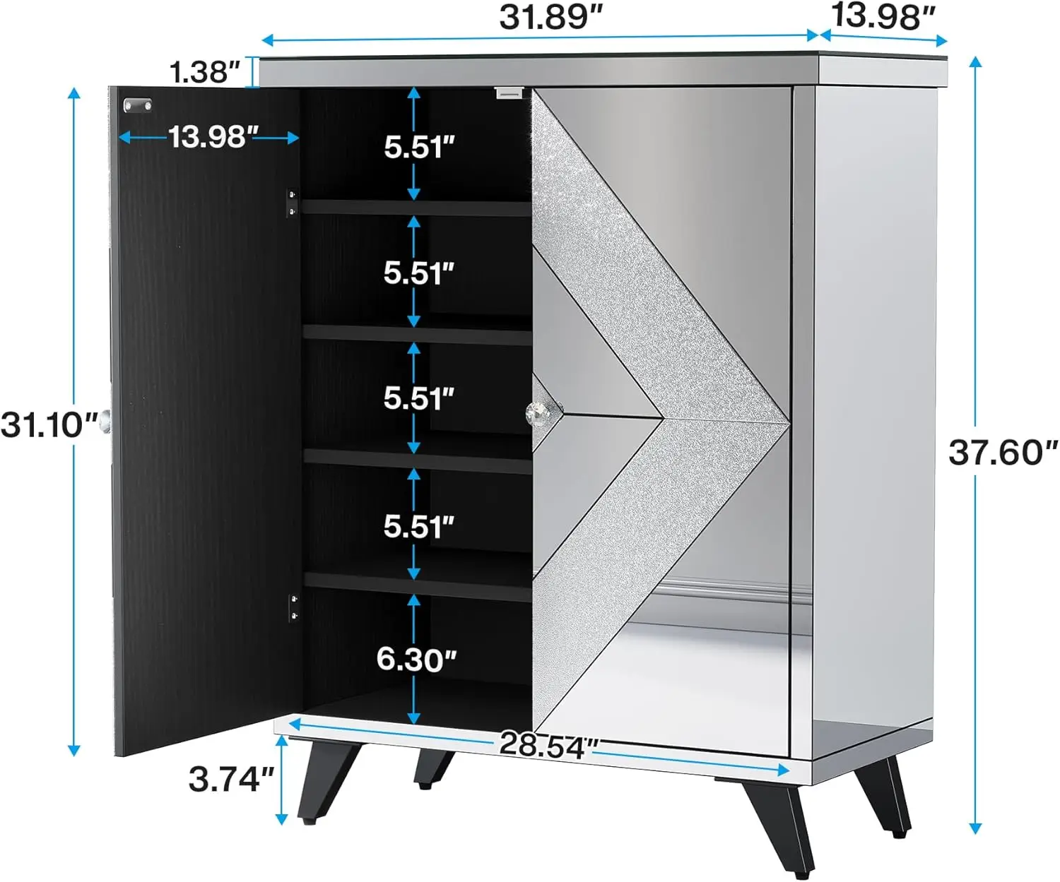 Mirrored Shoe Cabinet with Doors, Entryway Slim Shoe Storage Cabinet with Crystal Crush Diamond, Modern Glass Shoes R