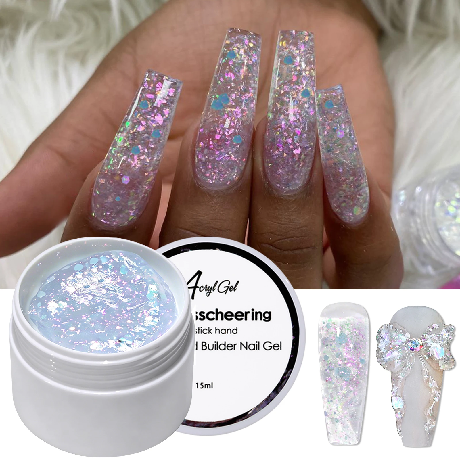 Misscheering Gel de construction solide pailleté 15ml, gel UV acrylique non collant pour extension d'ongles, sculpture 3D, manucure DIY en salon