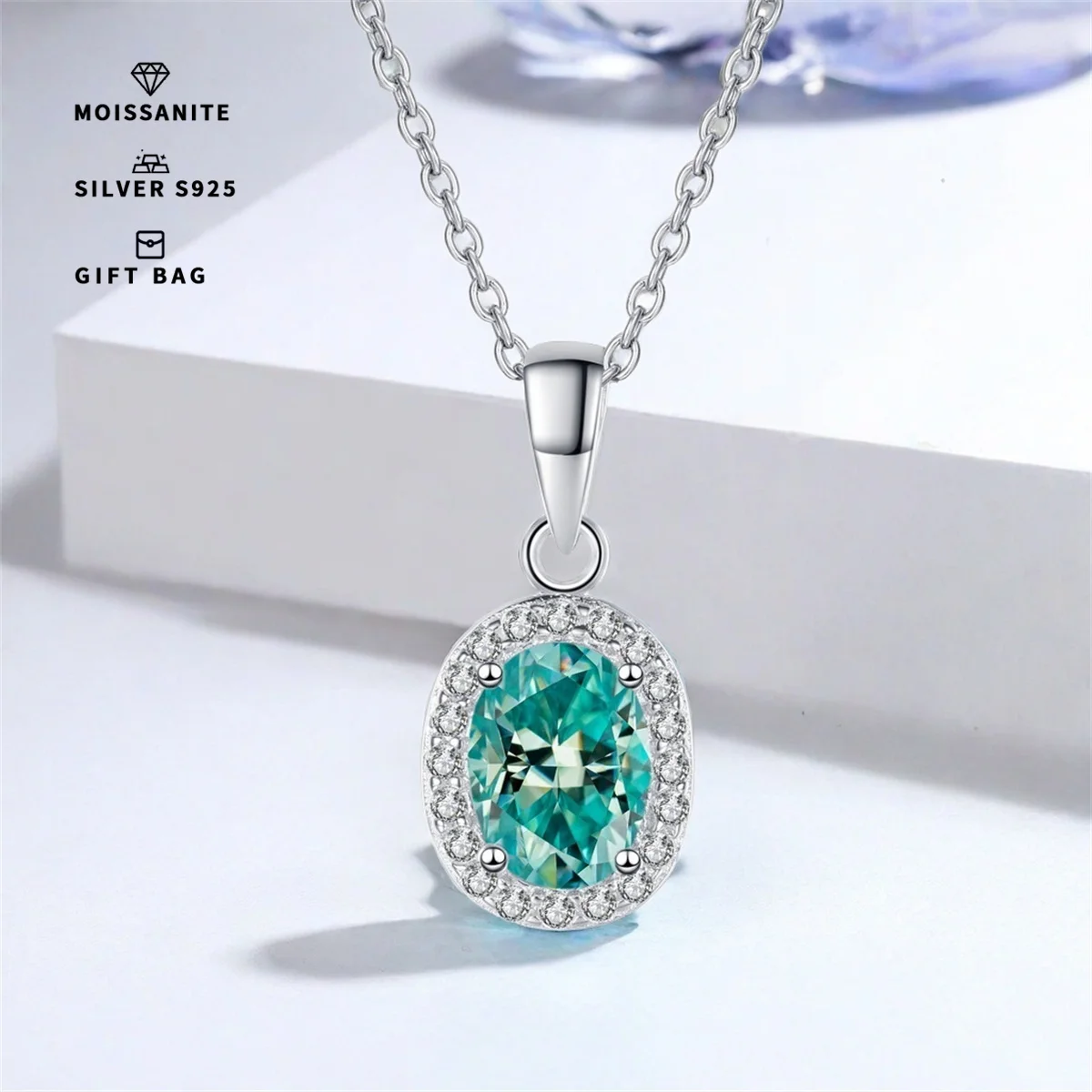 1PC Cyan GRA Moissanite Oval 5*7MM pendant, S925 sterling silver elegant fashion clavicle chain, Valentine's Day & Birthday