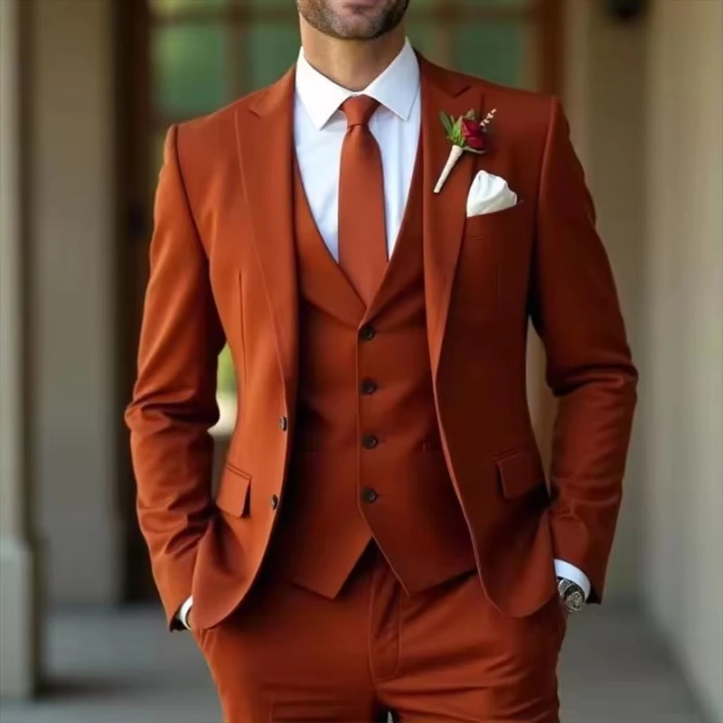 

Elegant Men's Suits Slim Fit Wedding Suit Orange Groomsmen Suit for Men Events Dinners Groom Tuxedo Tailored (Jacket+Vest+Pants)