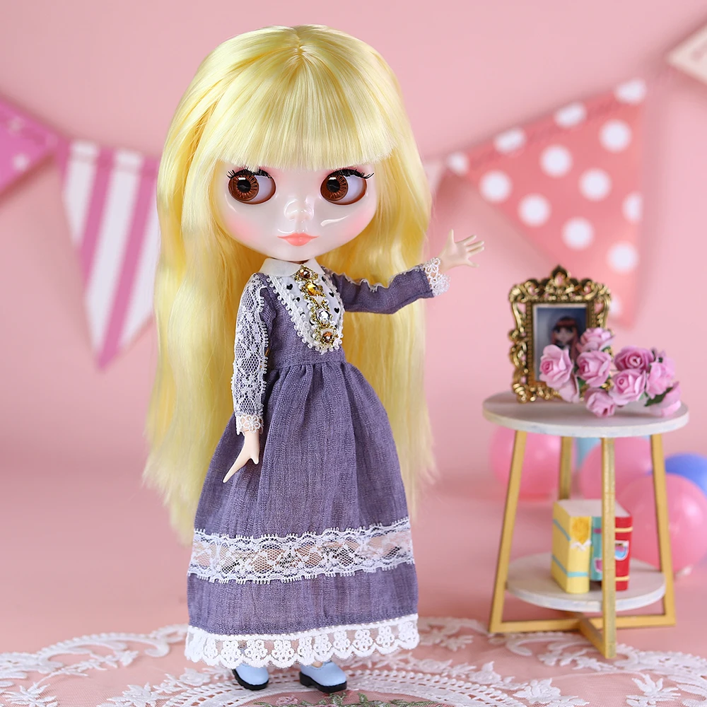 Icy dbs blyth pele justa rosto brilhante longo cabelo loiro com franja bjd 30cm boneca incluindo vestido menina festival presente de aniversário