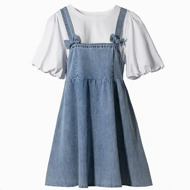 2023 Denim Sling Dress Set Female Design Sense Niche Bow Sling Dress Korean White T-shirt Two-piece Y2K Korean Fashion