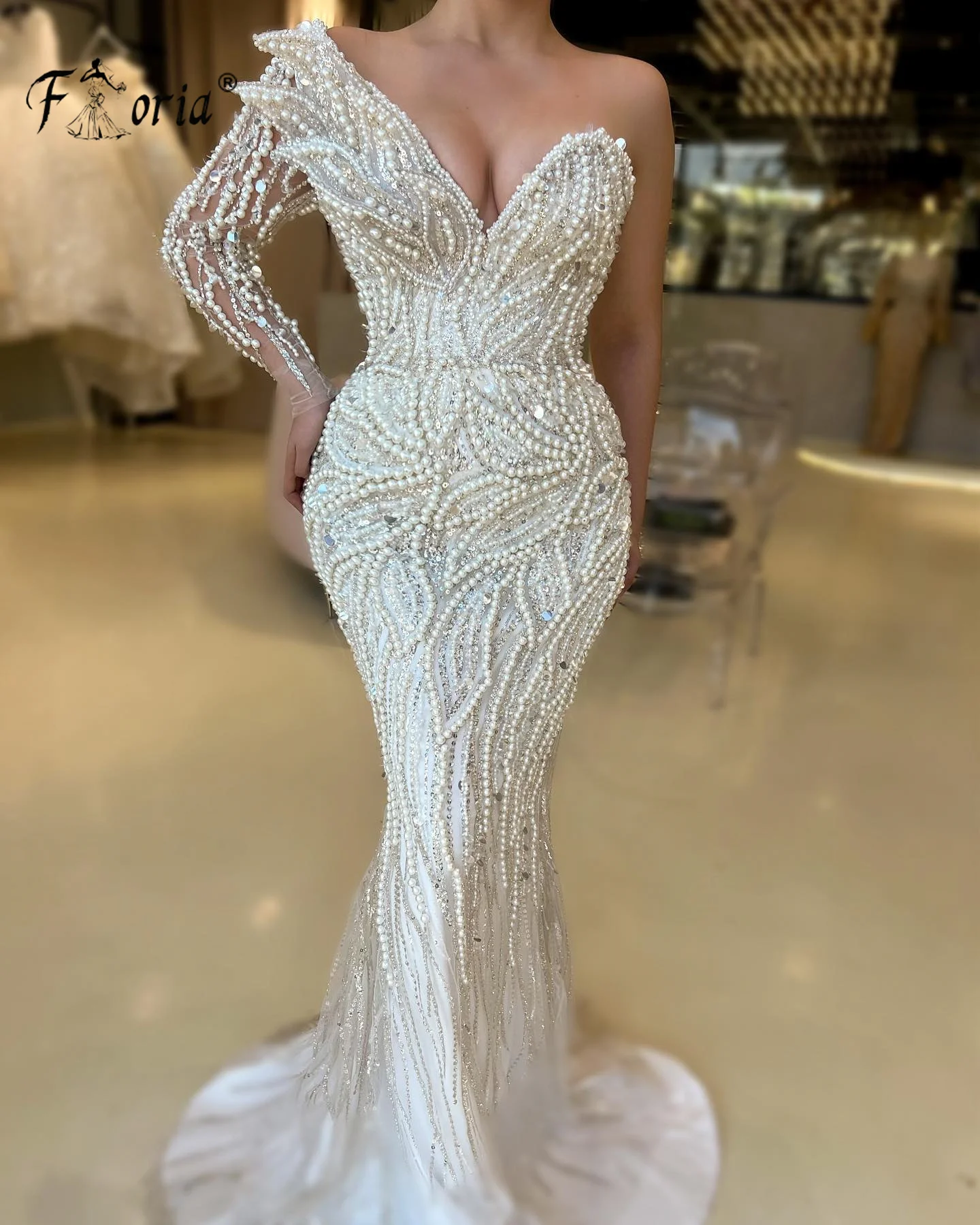 Elegante Dubai Meerjungfrau formelle Abendkleider Perlen 3d Applikationen Elfenbein Party kleider Robe de Soiree Arabien formelle Ballkleid 2023