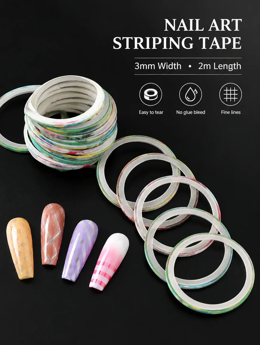 Nail Art Tape 20/50 Rolls 3mm x 2m Random Color Easy Tear No Bleed Checkered Pattern Manicure Nail Salon Decorative Stickers