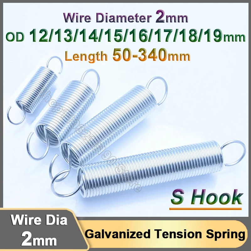 

2mm Open Hook Tension spring Galvanized Expansion Extension Zinc Plated Spring Steel Pullback Stretching Spring OD 12 13 14-19mm