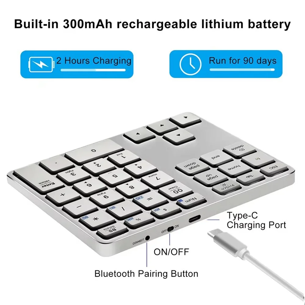 Wireless Bluetooth Number Pad, Rechargeable Numeric Keypad 5.0 & 2.4G Dual-Mode Aluminum Numpad Keyboard for Mac Windows