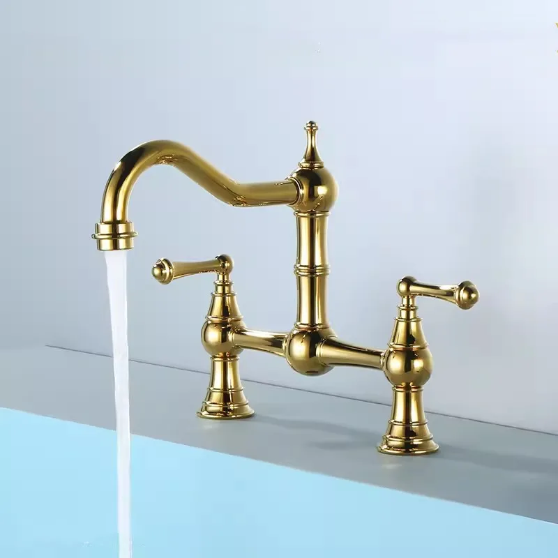 Kitchen Sink Tap Rotation Total Brass Lead Free Classical Double Lever Kitchen Sink Tap Mixer Gold Chrome American Style