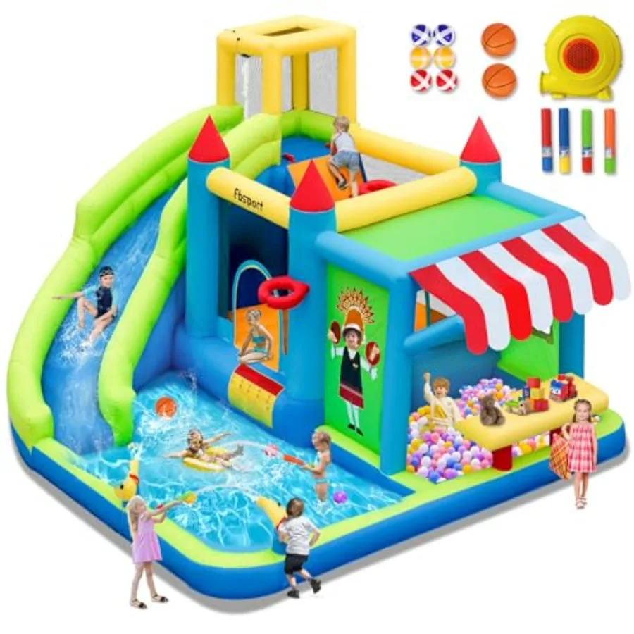 

Inflatable Bounce House Water Slide Bounce House for with Toy Market Stand Splash Pool Bouncer Climbing Wall Water Gun Ball Dar