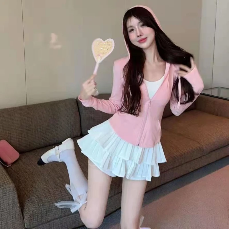 

Summer Sweet Spicy 3 Piece Set Hooded Long Sleeve Sun Protection Slim Elastic Puffy Cake Skirt Chic Zipper Top Jacket For Women