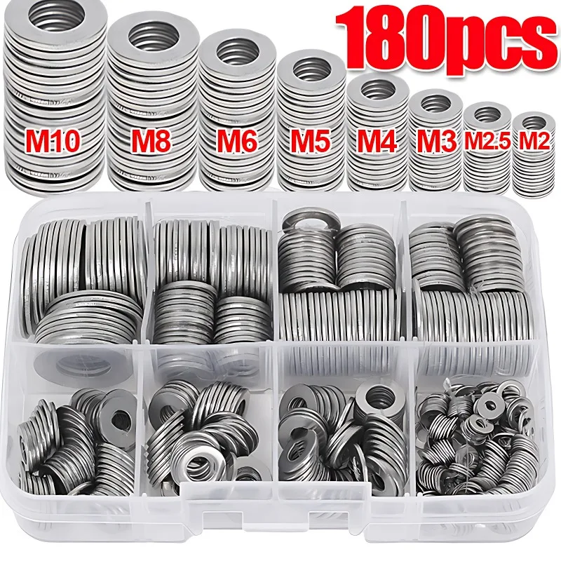 180pcs สแตนเลสสตีลซีล Solid ปะเก็นเครื่องซักผ้า M2 M2.5 M3 M4 M5 M6 M8 M10 Sump Plug น้ํามันสําหรับซ่อมทั่วไปซีลแหวนชุด