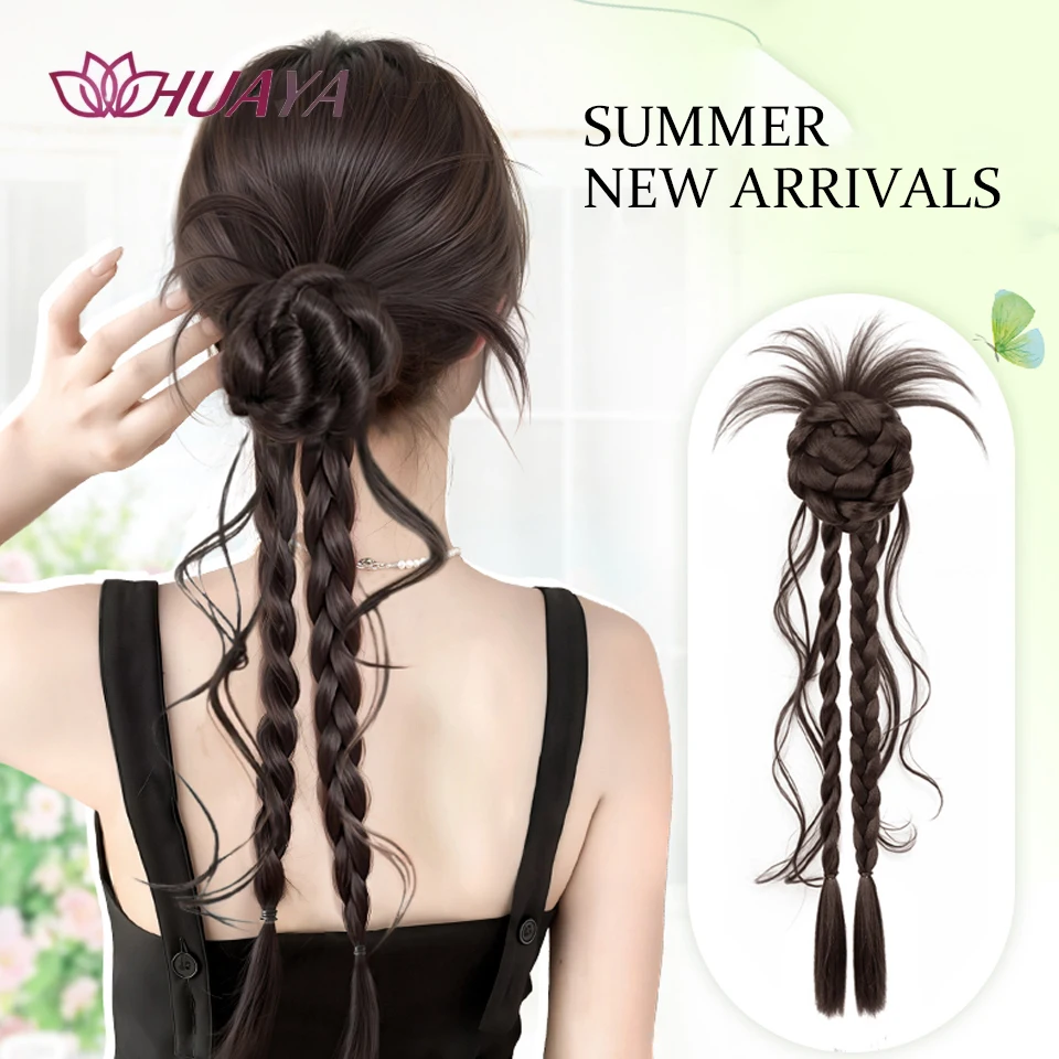 

Synthetic Hair Extensions Claw Clip Twisted Braid Hair Bun Chicken Feathers Flower Bud Ponytail Fake Hair for Women