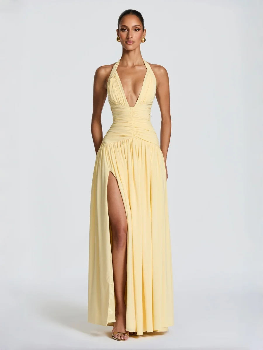 Halter Deep V Neck Maxi Dress Ruched Waist Lace‑Up Back High Slit Formal Evening Gown Bridesmaid Prom Cocktail Party Long Dresse