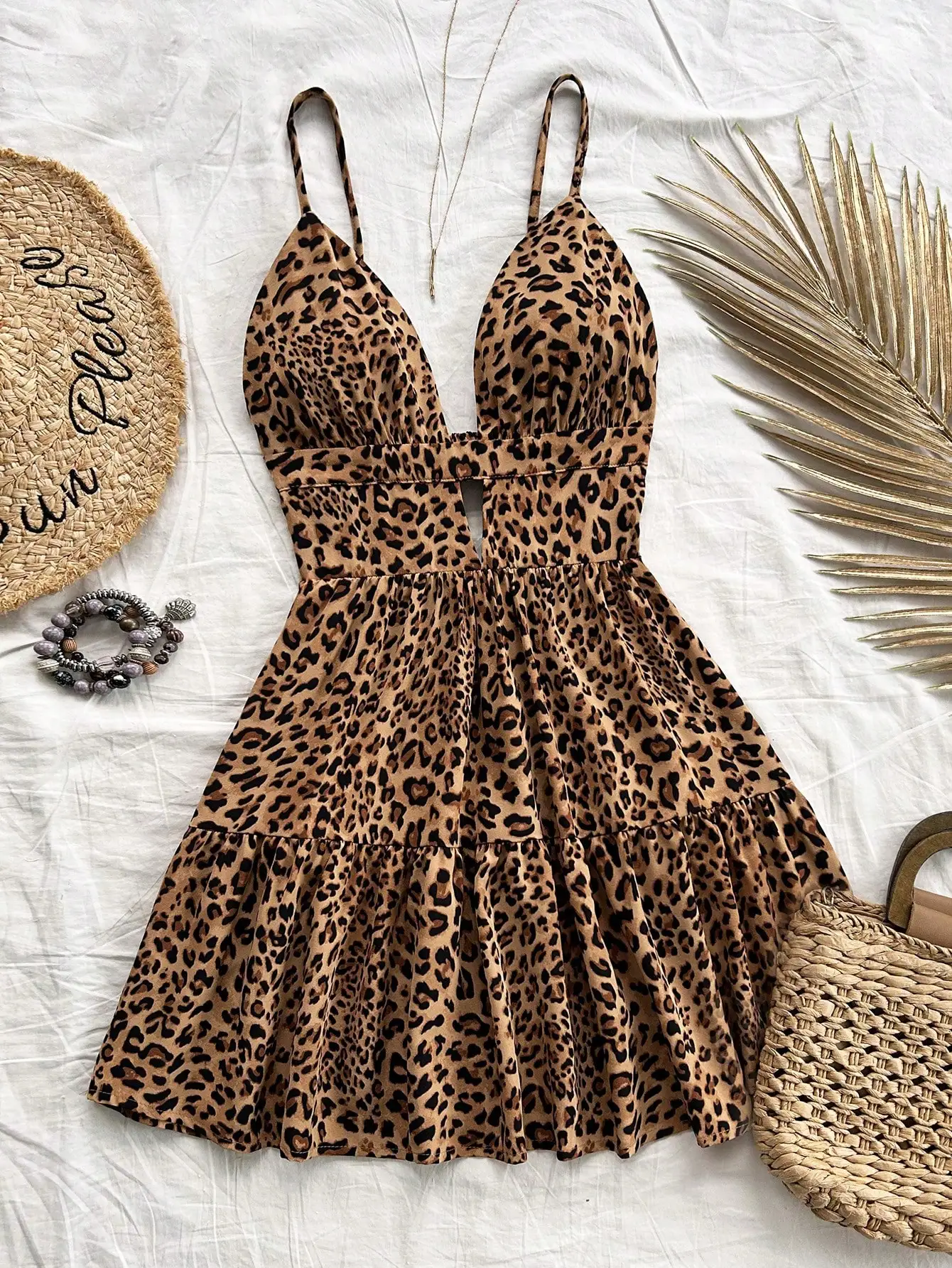 

Leopard Print Cami Dress with Layered Hem & Backless Design, Summer Vacation Dress for Women