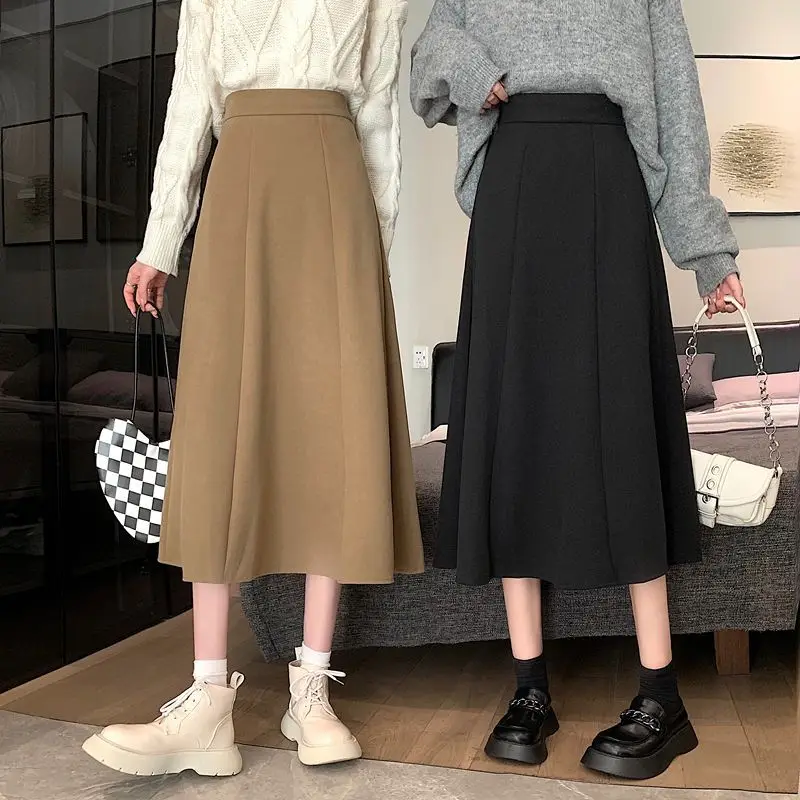 

2022women Clothes Korean Pleated Solid Color High Waist Skirt Autumn Vintage Elastic Waist Mid Length Skirt Ladies All-match